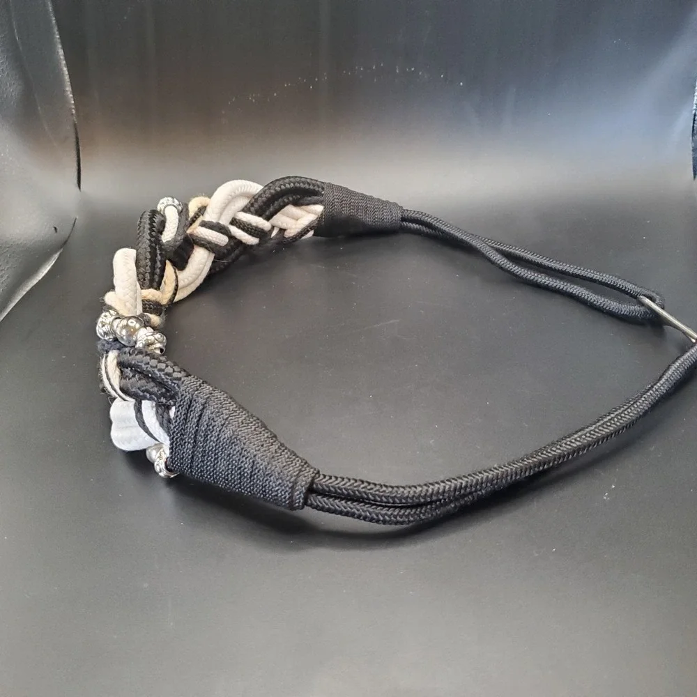 Retro 80's‎ Women's Belt Cumberbund Black Fabric Rope Twisted W/Silver Beads